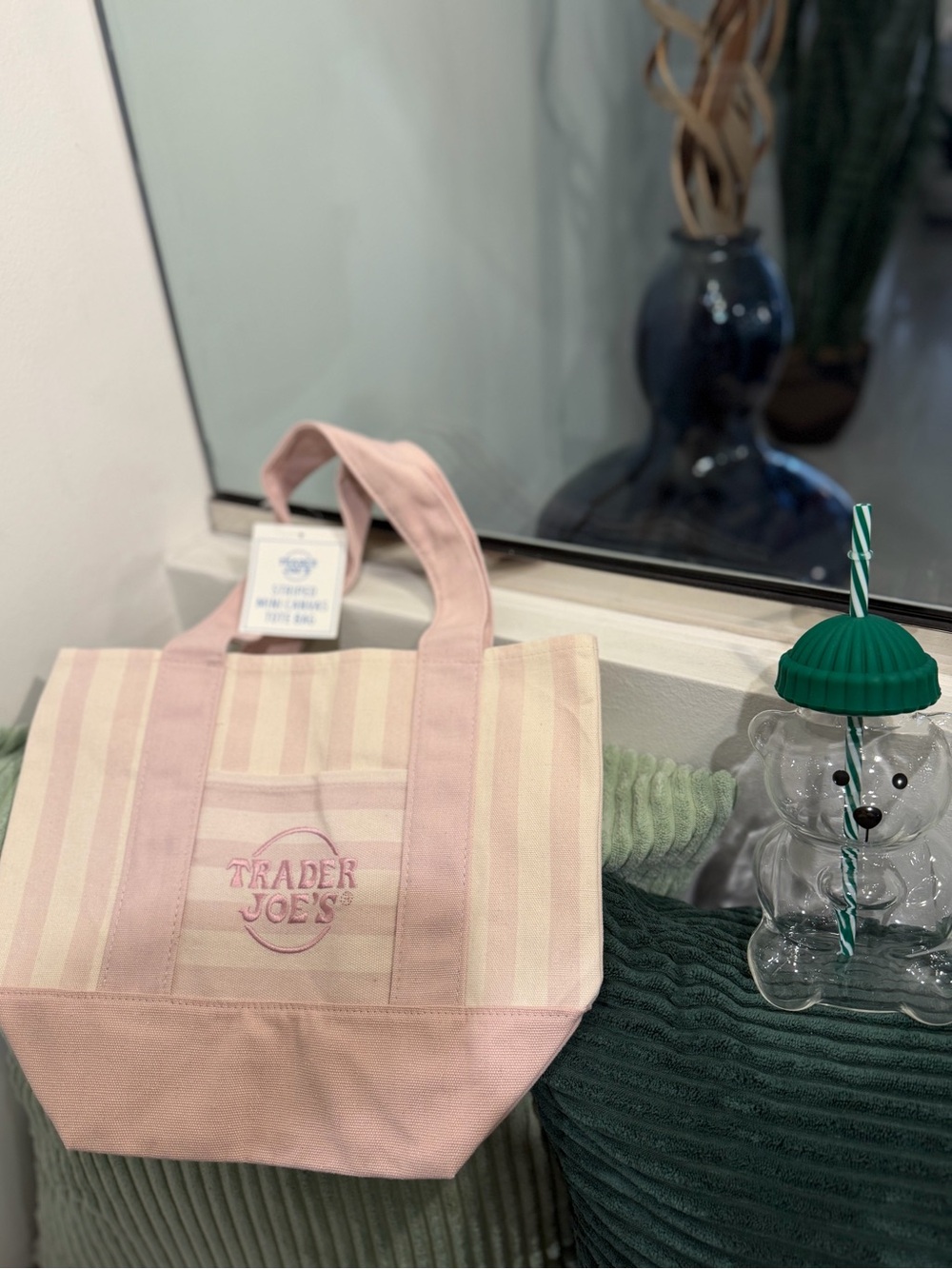 Trader Joe's Pink Striped Tote Bag & Teddy Bear Glass